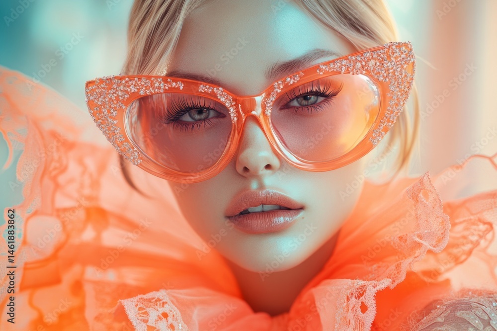Fototapeta premium Orange lace bow, cat-eye diamond sunglasses, blonde hair style