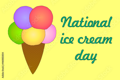 Summer illustration featuring depicting colorful ice cream balls in a waffle cone on a soft yellow background. National Ice Cream Day inscription. Ideal for summertime, dessert, and celebration design