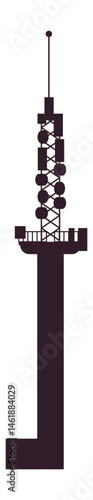 Silhouette of a telecommunication tower transmitting data wirelessly over long distances, featuring antennas, dishes, and support structures against a clean background
