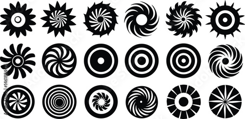 Set of spiral elements. Funnel icon collection. Black spiral decoration
