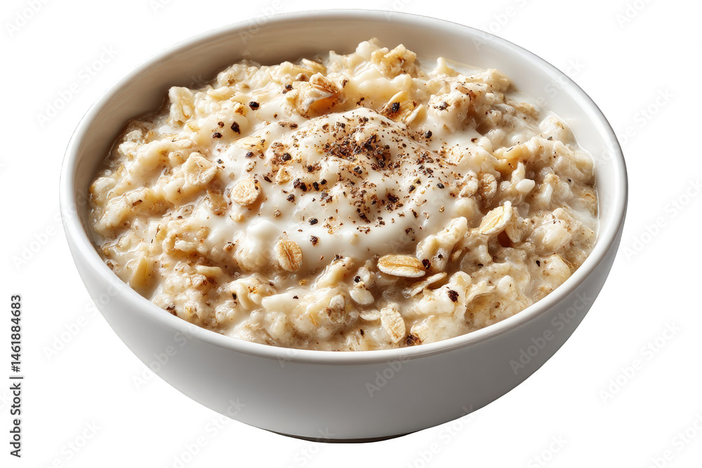 Delicious creamy oatmeal breakfast bowl with toppings on transparent background Delicious creamy oatmeal breakfast bowl with toppings on transparent background
