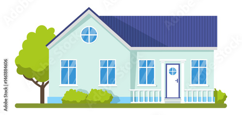 Light green detached house with blue roof, circular window, bushes and tree on white background, representing concepts such as home, family, and real estate