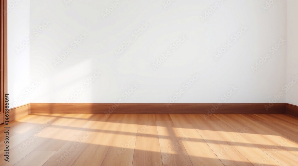 A clean, empty room features a blank white wall and a light wooden parquet floor, offering a spacious interior design A clean, empty room features a blank white wall and a light wooden parquet floor, offering a spacious interior design