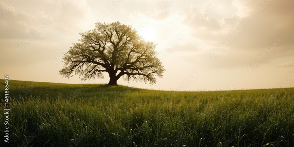 Obraz premium Solitary Tree in Vast Expanse of Meadow