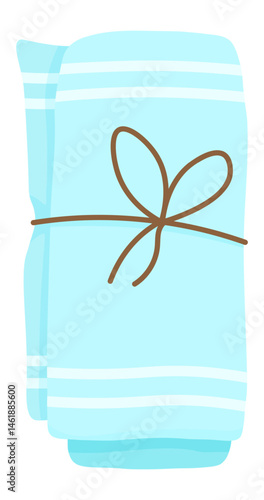 Soft light blue towel folded and tied with brown string, isolated on a white background, creating a clean and simple image perfect for hygiene, spa, and relaxation concepts
