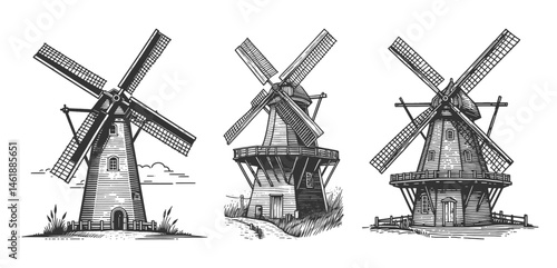 windmills surrounded by fields, trees, and countryside scenes Set collection bundle sketch engraving generative ai vector illustration. Scratch board imitation. Black and white image.
