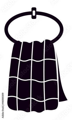 Checkered kitchen towel hanging from a circular metallic holder affixed to a white wall, symbolizing domestic chores, cleanliness, and the essence of home organization