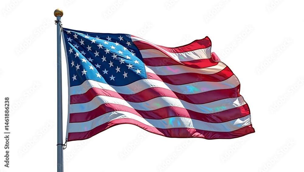 Obraz premium American Flag Waving on a Flagpole Against White Background