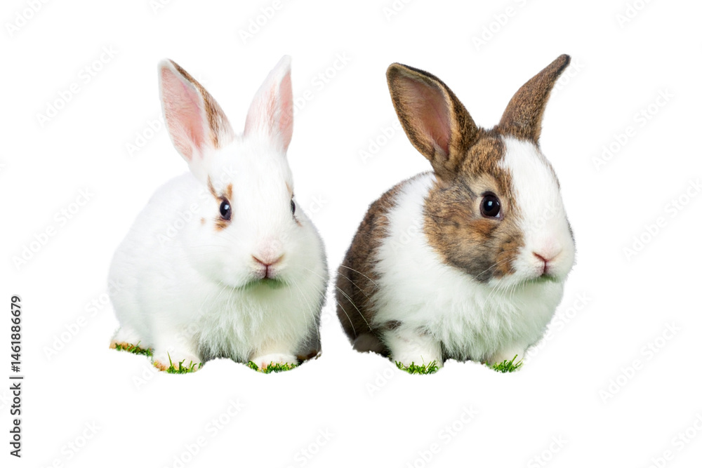 Obraz premium Two Cute baby white and brown rabbits in grass, isolated on a transparent background