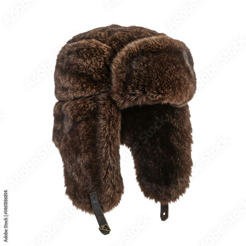 a traditional ushanka fur hat with ear flaps isolated on white