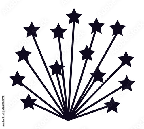 Black and white vector illustration depicting fireworks bursting in a dazzling display, with numerous stars radiating upwards, embodying themes of celebration, festivity, and joy