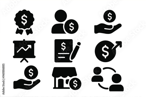 Financial growth and investment icons representing money management, saving, and business development concepts