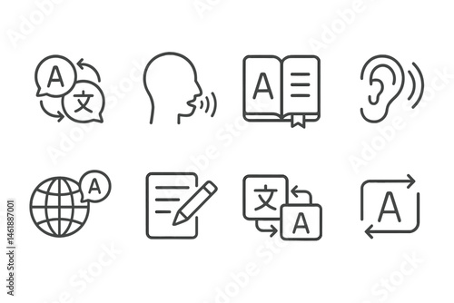 Vector illustration icons for language learning and translation concepts