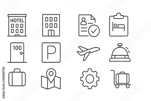 Travel and accommodation vector icons including hotel services and travel essentials for travelers and tourists
