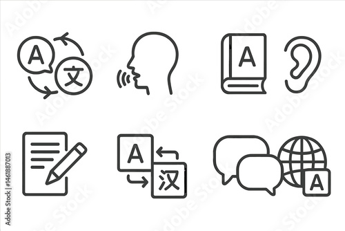 Vector illustration icons representing translation, communication, language learning, and multilingual interaction in a modern digital context