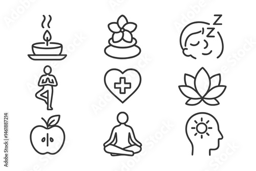 Wellness and relaxation icons featuring candles, flowers, health symbols, and mindfulness activities for holistic living