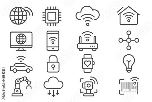 Vector icons representing various elements of smart technology and connectivity in modern life
