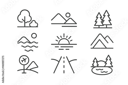 Vector illustration icon set featuring nature, landscapes, trees, mountains, and sunsets suitable for various design projects