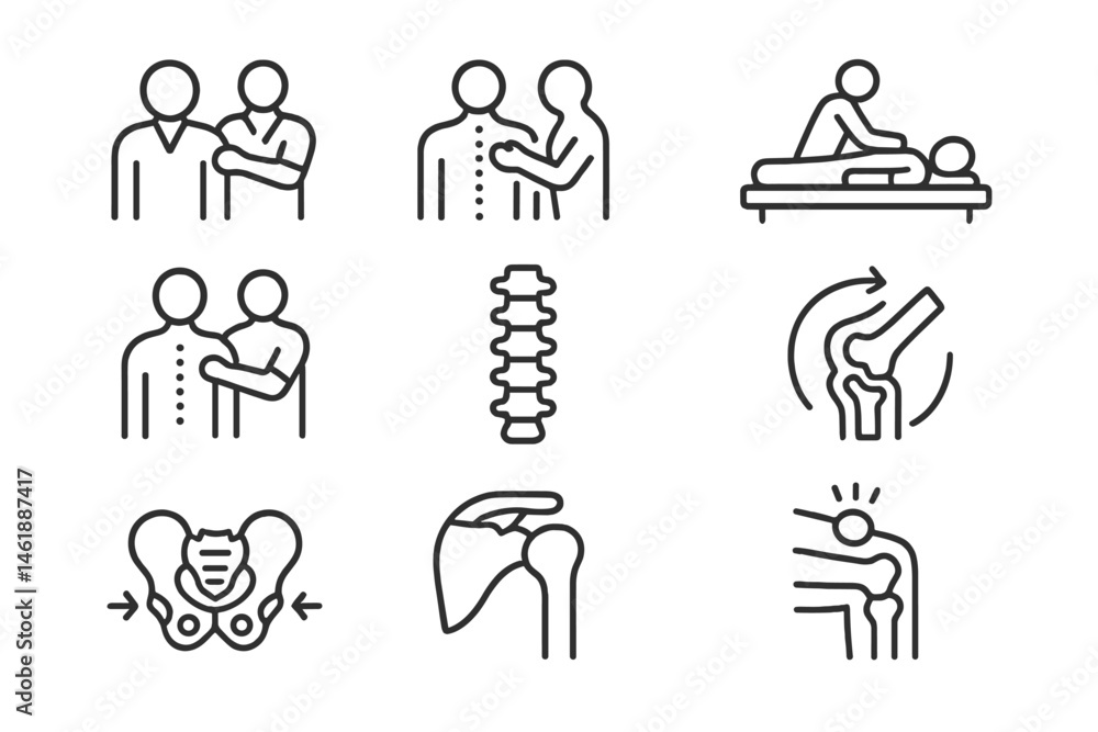 Fototapeta premium Vector illustration icons depicting various physical therapy and rehabilitation techniques for injury recovery