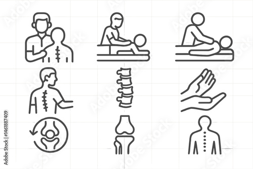 Chiropractic treatment process illustrated through vector icons showcasing patient care and rehabilitation methods
