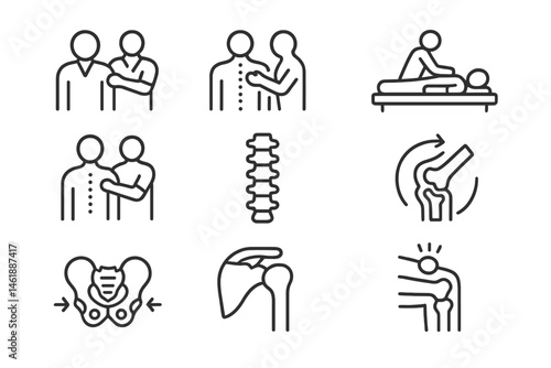Vector illustration icons depicting various physical therapy and rehabilitation techniques for injury recovery