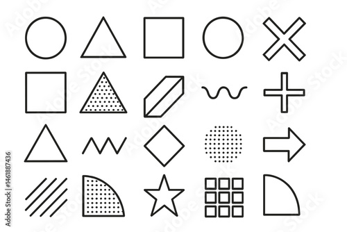 Vector illustration of various geometric shapes including circles, triangles, squares, stars, and more in a clean design