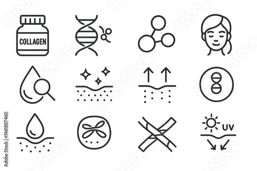 Vector illustration icons depicting collagen benefits for skin health and beauty routines