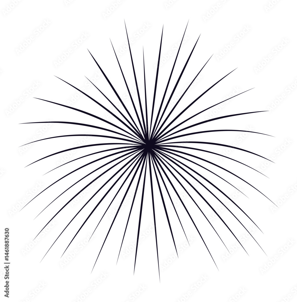 Obraz premium Radial thin black lines converging towards the center on a white background creating a starburst or sunburst effect, ideal for backgrounds and graphic design projects