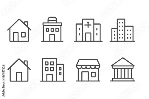 Vector illustration of various building icons including houses, offices, and a church in a simple line style