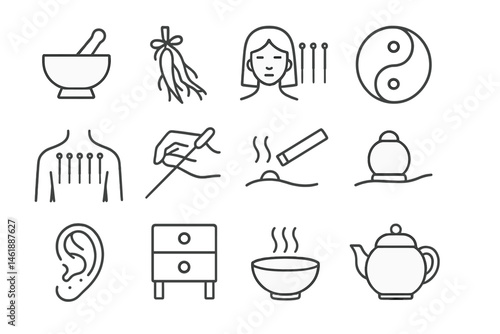 Vector illustration icon collection showcasing acupuncture and wellness elements for holistic health practices