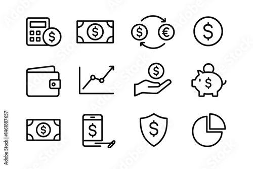 Collection of vector icons representing financial activities and money management concepts
