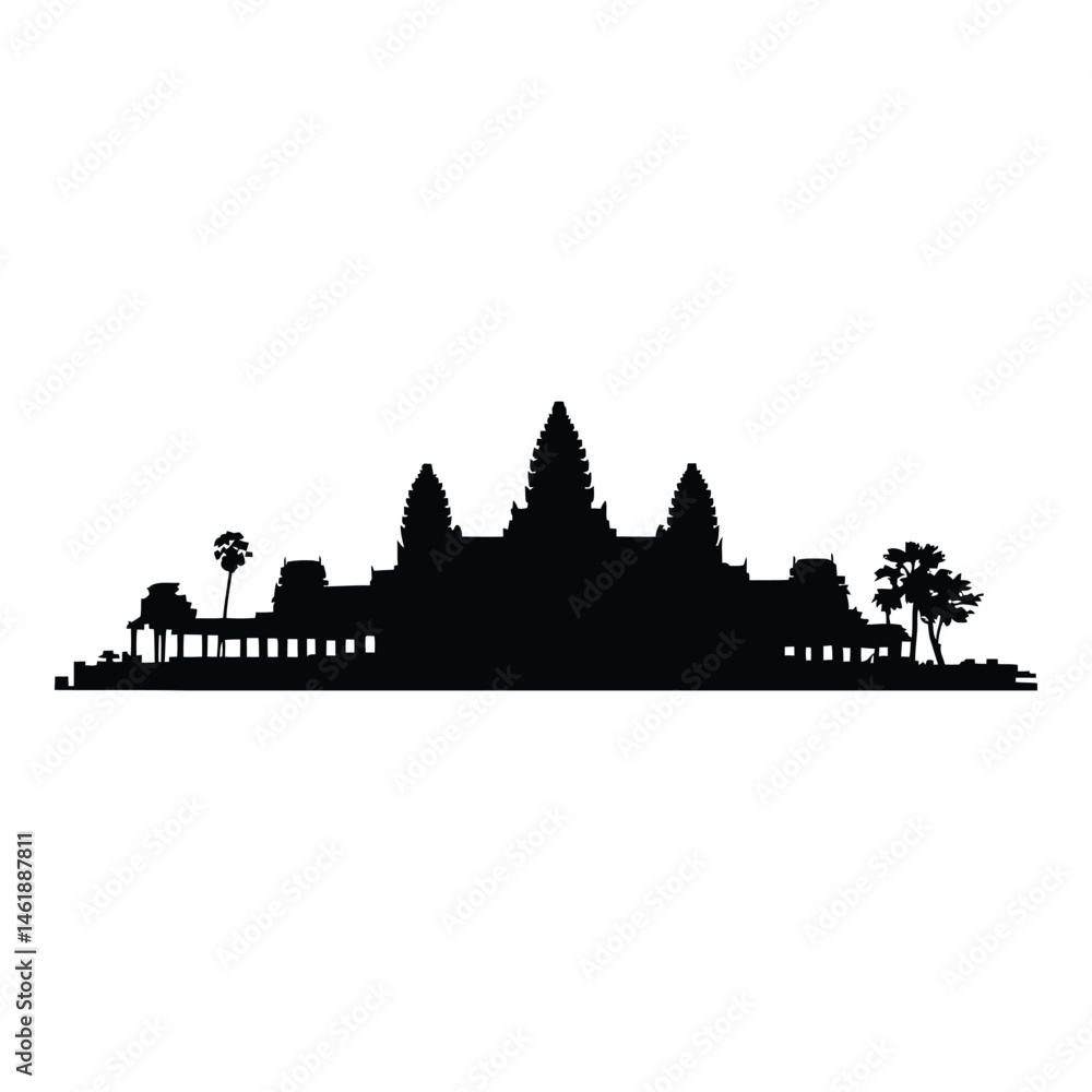 Fototapeta premium Angkor Wat sunrise Silhouette, Vector, Illustration, Icon, Logo, White Background.