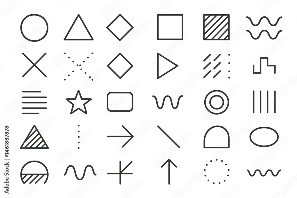Vector illustration of geometric shapes and symbols arranged in a grid layout for design and creative projects