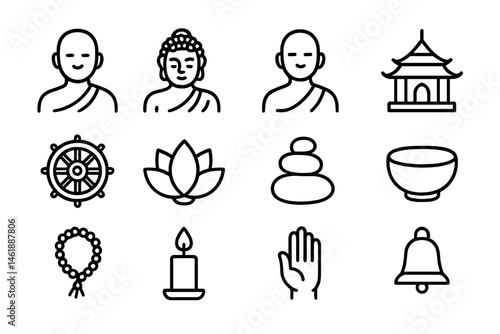 Icons representing various aspects of Buddhist culture, spirituality, and meditation practices for educational use and design projects