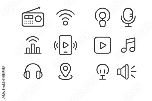 Vector illustration of various audio and communication icons designed for digital applications and modern interfaces
