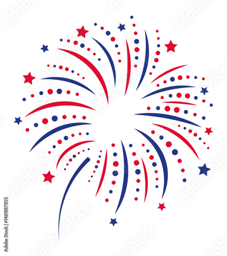 Red and blue firework explosion with star shapes celebrating United States national holidays like Independence Day and Memorial Day, creating a festive atmosphere