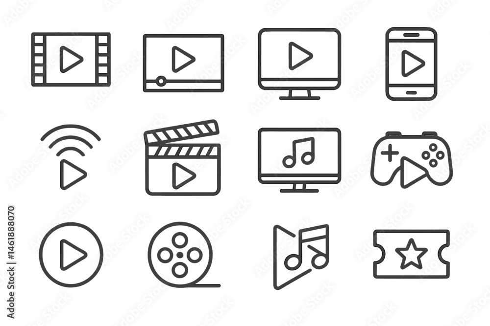 Vector illustration of multimedia icons showcasing various entertainment formats and devices for digital content consumption Vector illustration of multimedia icons showcasing various entertainment formats and devices for digital content consumption