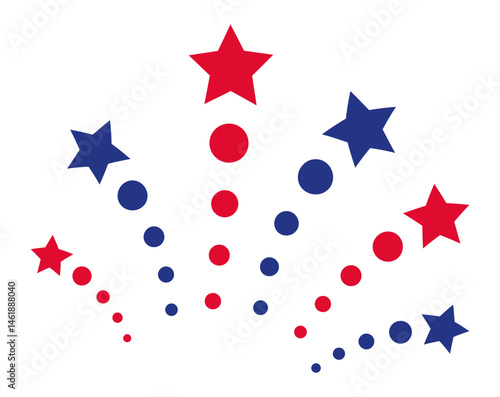 Red and blue stars and circles exploding like fireworks on a white background, creating a vibrant and celebratory design for Independence Day or any patriotic occasion