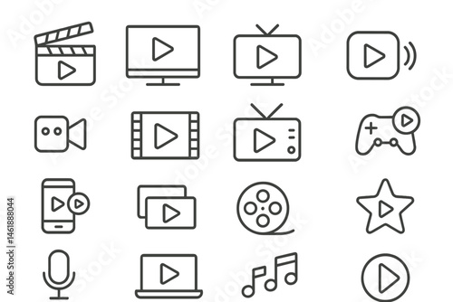 Vector illustration of various multimedia icons representing video playback and entertainment technology