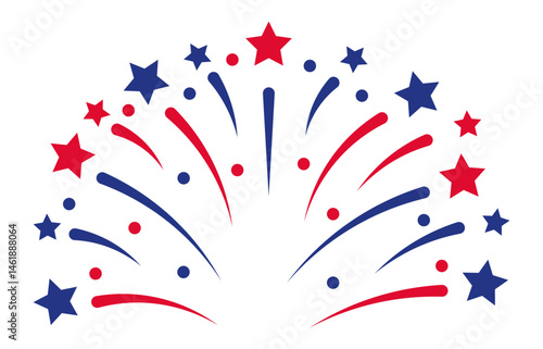 Red and blue fireworks exploding in a stylized design with trailing stars is a perfect representation of celebrating United States holidays like Independence Day or Memorial Day