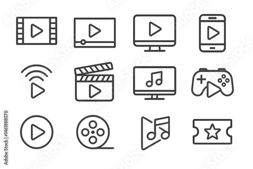 Vector illustration of multimedia icons showcasing various entertainment formats and devices for digital content consumption