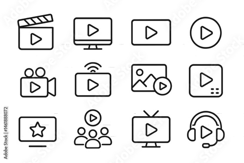 Collection of vector icons representing multimedia elements for digital content creation and viewing