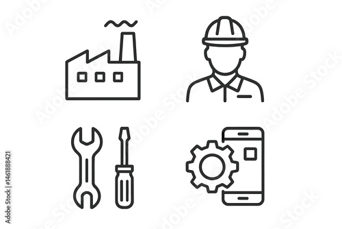 Vector illustration representing industrial work with tools, engineer, and equipment in a factory setting during daytime
