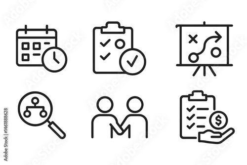 Vector illustration of time management, planning, and teamwork concepts depicted through icons for effective organization and communication