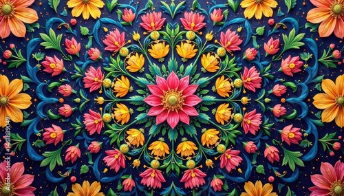 Intricate floral motifs within a repeating hexagonal grid , pattern design, floral geometry