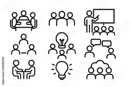 Vector illustration of diverse group activities including meetings, presentations, and discussions in various formats