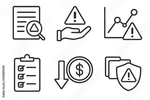 Vector illustration icons depicting risk management, analysis, and financial oversight in a corporate setting
