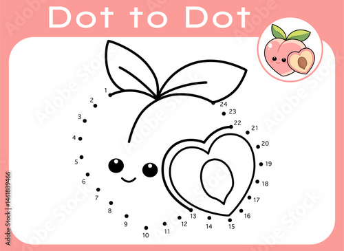 Cute peach Dot to Dot Worksheet for Kids. Fruit connect the dots activity page for kids. Fruit coloring page for kids. Printable education activity. Kids learning material.