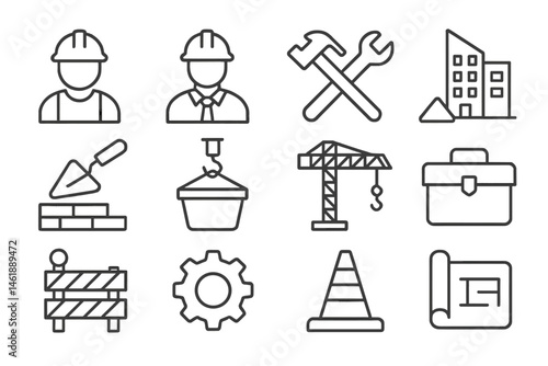 Construction icons depicting workers, tools, and building elements in a vector illustration