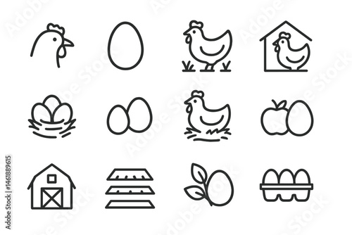 Vector illustration icons depicting farm life with chickens, eggs, and barn elements in a simple design style